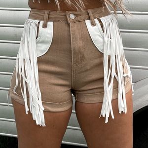 brown & white fringe shorts
